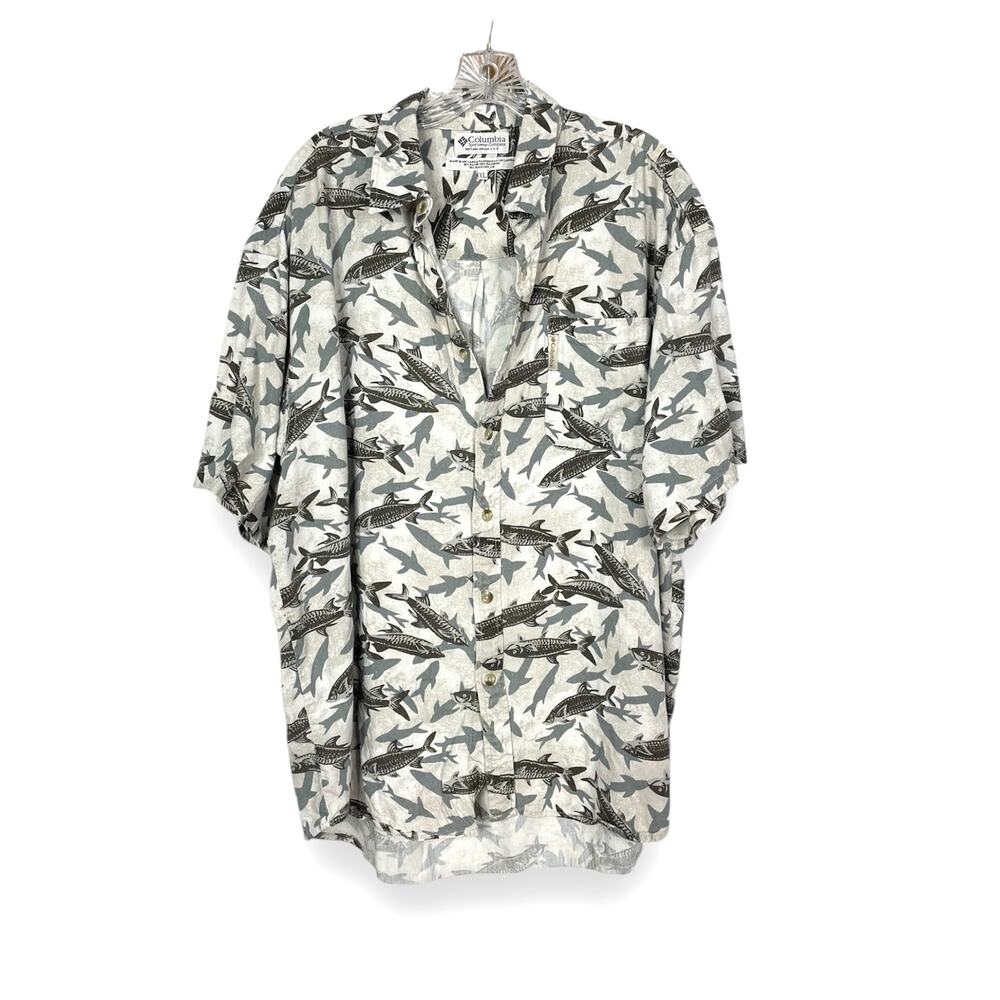 Columbia novelty print fish button down casual short sleeve shirt XL